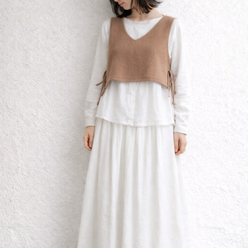 10%off♪ベスト・サイドリボン・ ウールカルゼ ・キャメル・フリーサイズ・丈短