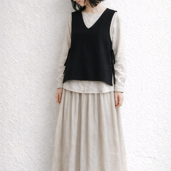 10%off♪ベスト・サイドリボン・メルトンウール・黒・フリーサイズ
