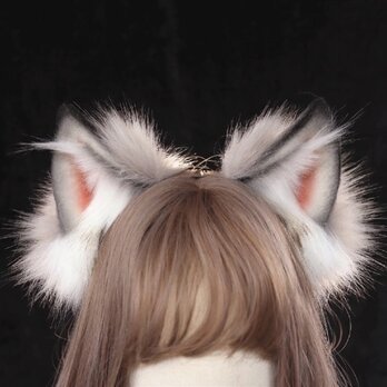 【受注生産】ハイイロオオカミ耳カチューシャ 手作りリアルな毛皮のような ヘアアクセサリー シミュレーション動物の耳の画像
