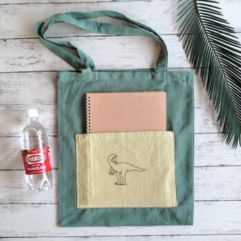 恐竜　アロサウルスの刺繍　トートバッグ　肩掛け　レッスンバッグ　名入れ　マチなし　A4サイズの画像