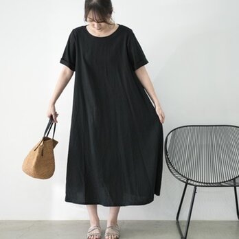 Aライン半袖ワンピース　リネンブラック No.99-01の画像