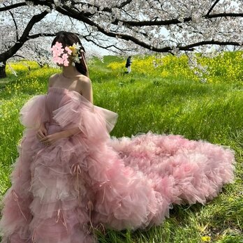実例写真！カラードレス ピンク グラデーション ベアトップ パフスリーブ もこもこドレス 華やかなトレーン 花嫁の画像