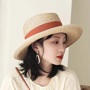 ラフィアハット、麦わら帽子 ミディアムブリム 夏帽子女性 ストローハット、ミディアムブリム 日よけ・UV対策 サイズ調節の画像