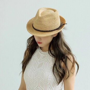 ラフィアハット、麦わら帽子 中折れ帽子 ロールエッジハッ 夏用 大人 ストローハット、ミディアムブリム 日よけ・UV対策の画像
