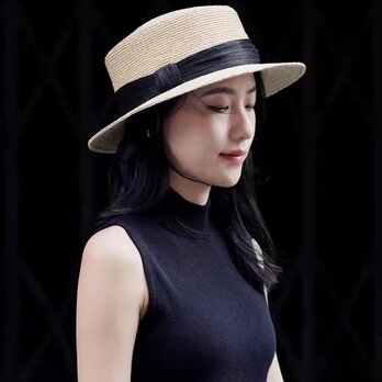 ラフィアハット、麦わら帽子 麻のリボンの夏帽子 大人 ストローハット、ミディアムブリム 日よけ・UV対策 サイズ調節可能の画像