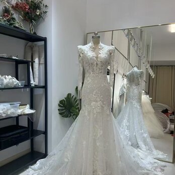 豪華！ウェディングドレス ハイネック 長袖 贅沢な総レース マーメイドライン 華やかなトレーン 結婚式の画像