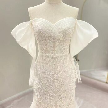 美品！ウェディングドレス 姫袖 取り外し袖 結婚式 ブライダル スレンダーライン 拳式/前撮りの画像