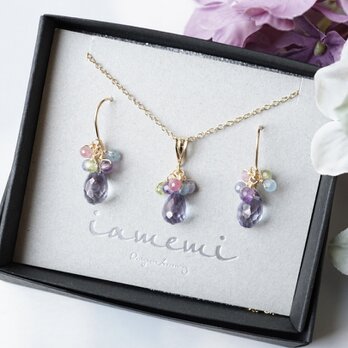 【３点セット】「七変化」紫陽花 タンザナイト 天然石 誕生石 ピアス イヤリング ネックレス 母の日 金属アレルギー対応の画像