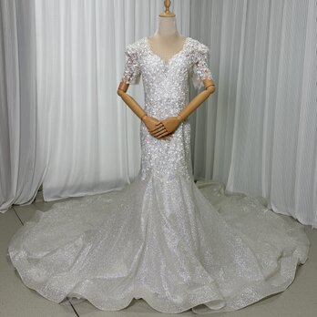 フランス風 ウエディングドレス Vネック 短袖 ビジュー キラキラチュール マーメイドライン ロングトレーン 結婚式の画像