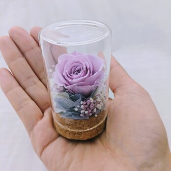 プリザーブドフラワー／パープルのミニ薔薇と小花のミニガラスボトルの画像