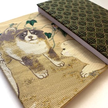 『朝顔狗子図』　山口素絢御朱印帳　額絵織物御朱印帳　B6大判サイズ　子犬　犬　円山応挙　朝顔　格子文様　美術　桐生織物の画像
