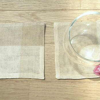 ３）手織り麻のコースター・１１．５ｃｍ×１１．５ｃｍ・大きな格子柄を裁断して・二枚セットの画像