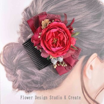 赤い薔薇とボルドーのリボンコーム　髪飾り　コーム　ペイネタ　アクセサリー　花　結婚式　発表会　前撮り　入学式　卒業式　薔薇の画像