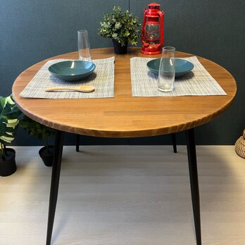 【送料無料】 テーブル 丸形 90cm パイン ダークウォルナット アイアン製ボルト連結脚の画像
