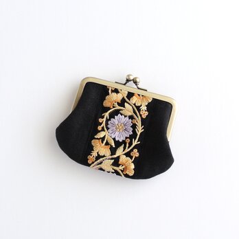 リネンとインド刺繍リボンのシンプルながま口　ブラックの画像