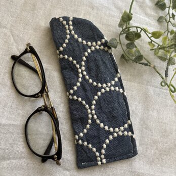 ハンドメイド♡メガネケース♡綿麻デニムダンガリーサークル刺繍生地♡♡スリムタイプの画像