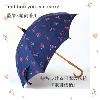 【晴雨兼用　日傘】藍染め　木綿　長傘　『歌舞伎　隈取り柄』　日本製　の画像