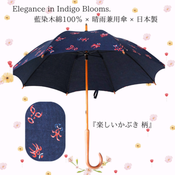 【晴雨兼用　日傘】藍染め　木綿　長傘　『歌舞伎　隈取り柄』　日本製　の画像