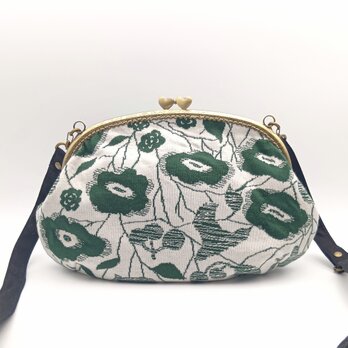 長財布も入る大きめ　がま口ショルダーバッグ　25cmハート♡口金　花柄　母の日　フォレストグリーン/アイボリー　　187