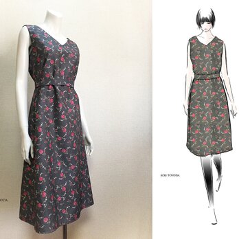 【1点もの・デザイン画付き】ベルト付き花柄プリント生地ワンピース（KOJI TOYODA）の画像