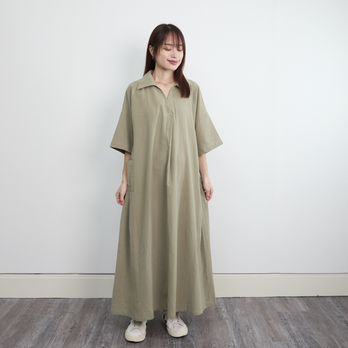 ふんわり柔らかコットン スキッパー 5部袖 ワンピース　オリーブ　0703Oliveの画像