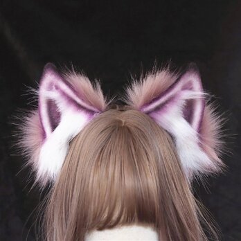 【受注生産】紫狼耳カチューシャ 手作りリアルな毛皮のような ヘアアクセサリー シミュレーション動物の耳の画像