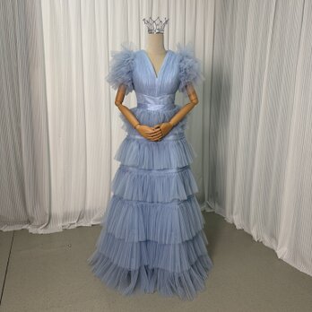 カラードレス グレー プリーツドレス チュールスカート ファスナー Aライン 揺らめく裾 花嫁の画像