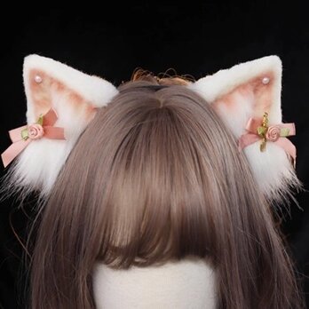 【受注生産】大福猫の耳カチューシャ 手作りリアルな毛皮のような ヘアアクセサリー シミュレーション動物の耳 ロリータの画像