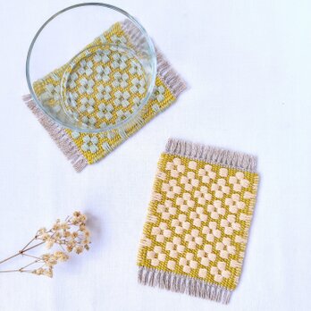 北欧手織り:ローゼンゴン織りコースター（small flowers）イエロー×クリームの画像