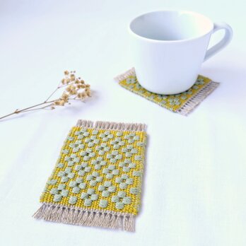 北欧手織り:ローゼンゴン織りコースター（small flowers）イエロー×ミント