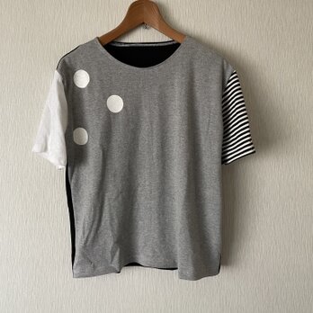 水玉プリント切替ボーダーTシャツ　杢グレー×黒白Fの画像