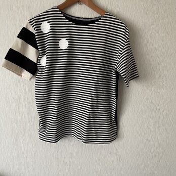水玉プリント切替ボーダーTシャツ　黒白×黒Fの画像