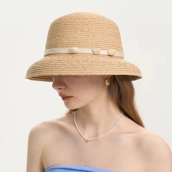 ラフィアハット、フレンチスタイルの帽子、麦わら帽子、夏用、大人、ストローハット、日よけ・UV対策 サイズ調節の画像