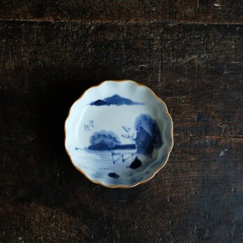 素朴な風景◆伊万里　山水楼閣文染付小膾皿　骨董・antiques 古民家　古道具　江戸末期の画像