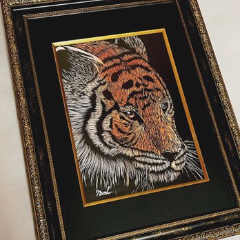 額装済み切り絵作品・虎の画像