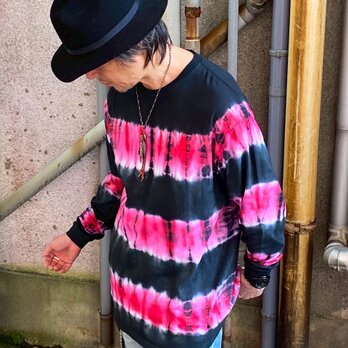 タイダイ 長袖Ｔシャツ XXLサイズ ブラック×レッド ボーダー HIPPIES DYE HD23-82の画像