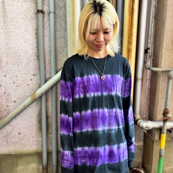 タイダイ 長袖Ｔシャツ Lサイズ ブラック×パープル ボーダー HIPPIES DYE HD23-83の画像