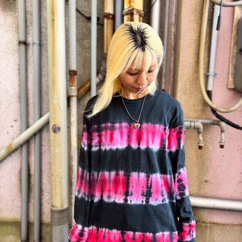 タイダイ 長袖Ｔシャツ Lサイズ ブラック×レッド ボーダー HIPPIES DYE HD23-85の画像