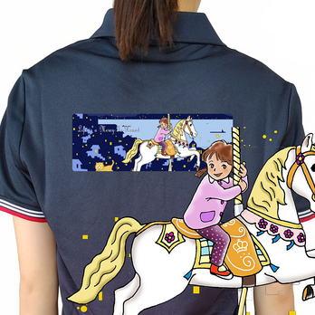 ポロシャツ 回転木馬と街の灯 イラスト 馬 horse 木馬 カルーセル メリーゴーランド ネイビーの画像