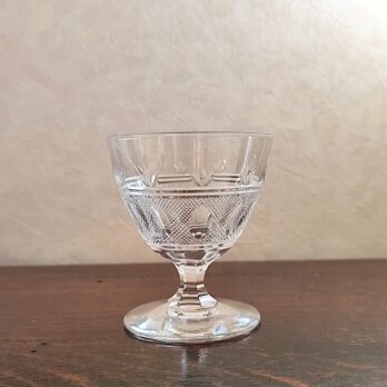 ヴィンテージ　アンティーク　安定感のあるクリスタルワイングラス　ダイヤモンドカット　高8.5㎝【YG70】の画像