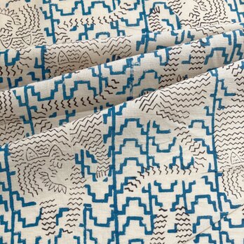 インド ブロックプリント生地 [50cm単位切売] タイガー ブルー シェブロン地 SA 虎 とら 青 IF0237の画像