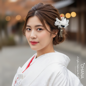 つまみ細工髪飾り　成人式　和婚　結婚式　卒業式　七五三　和装　白無垢　振袖　袴　ちりめん髪飾り　鶴　祝鶴　　鶴の髪飾り