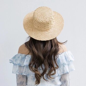 ラフィアハット、麦わら帽子 夏帽子 ヴィンテージ柄 大人 ストローハット、ミディアムブリム 日よけ・UV対策 サイズ調節の画像