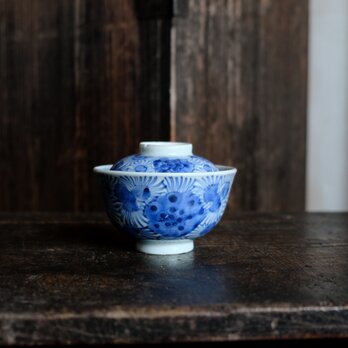 青で素敵◆芸術的な絵。伊万里　花文染付蓋付碗　antiques/骨董　丁寧な暮らし　器　幕末〜明治期の画像