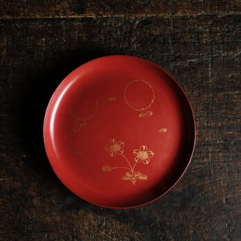 草花と月◆古輪島塗　花月文漆芸沈金中皿　漆器　骨董/antiques 古民家　時代物　明治~大正期の画像