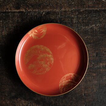 松竹梅の絵付け◆古輪島塗　松竹梅文漆芸沈金中皿　漆器　骨董/antiques 古民家　時代物　大正期の画像