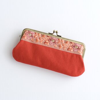 インド刺繍リボンのがま口ポーチ/ペンケース 　レッドの画像