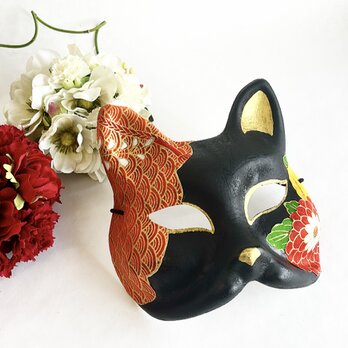 一閑張り猫面 　“黒赤花”の画像