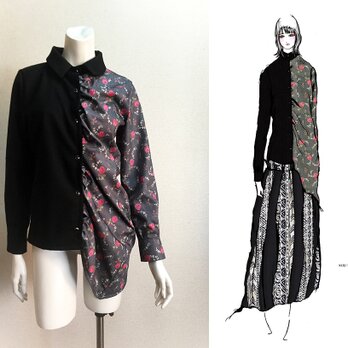 【1点もの・デザイン画付き】尾州ウール生地＆花柄綿プリントシャーリングアシメトリーブラウス（KOJI TOYODA）の画像