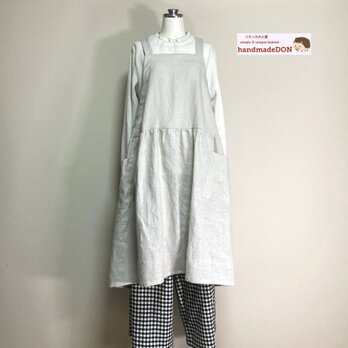カラーリネン◆ギャザーエプロンワンピース◆ナチュラル◆フリーサイズ（中厚、リネン100％）の画像